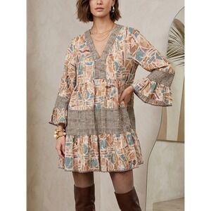 Entro Mixed Print‎ Babydoll Tunic Dress XL Abstract Houndstooth Bell Sleeve Boho